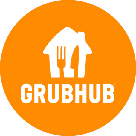 Grubhub logo featuring a house with a fork and knife on an orange background.